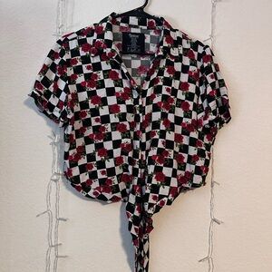 Spencer's Black and White Checkered Rose Button Down Shirt